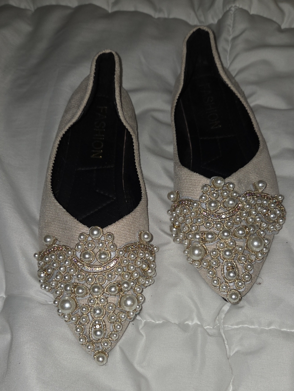 Fashion Bug Pearl-Embellished Pointed Flats - Cream